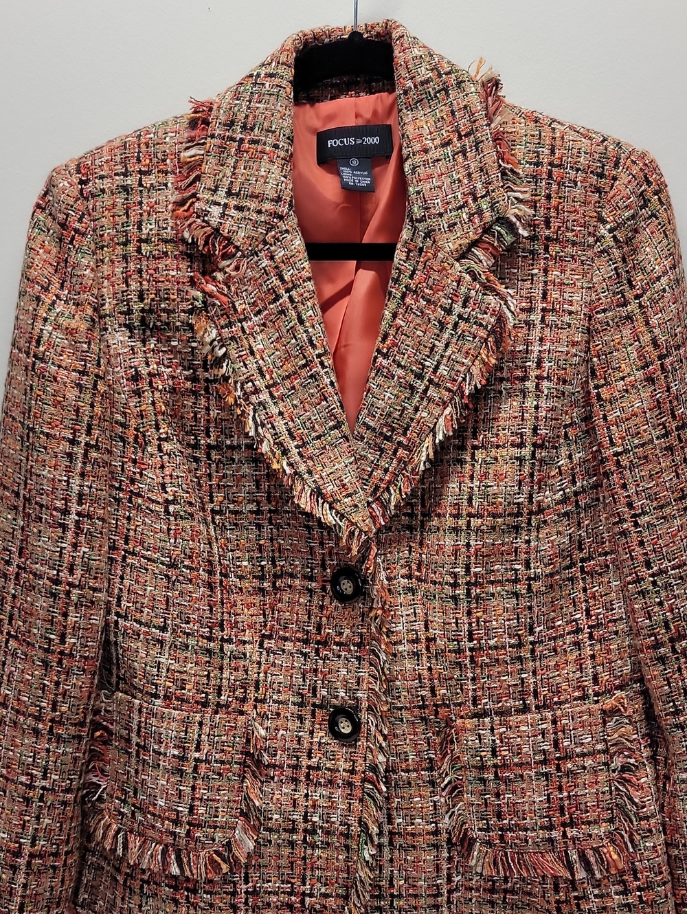 Focus 2000 Autumnal Tones Tweed Fringe Blazer 2-Button W/Pockets Sz 10 - Picture 2 of 16